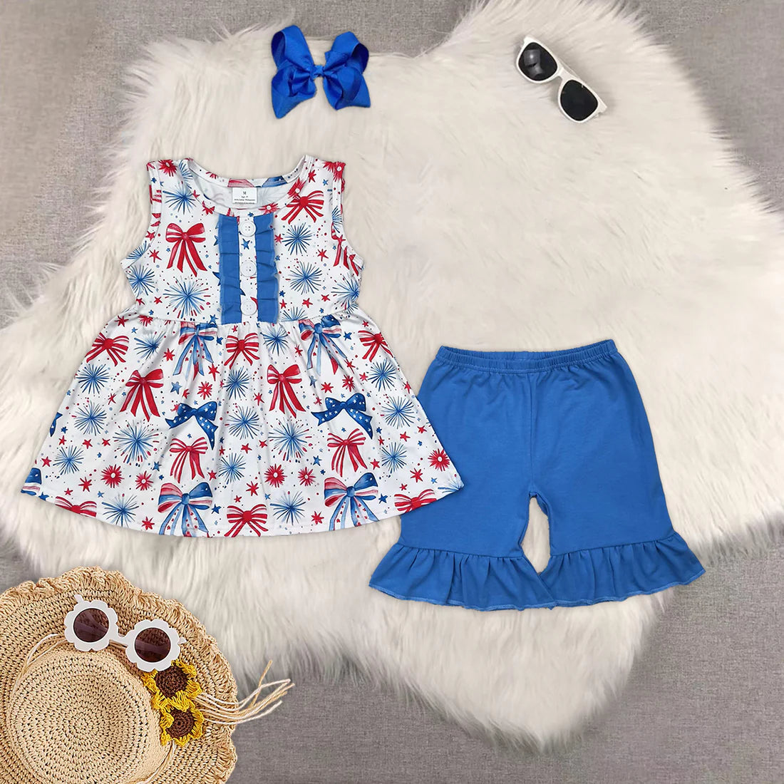 July 4th flag bows girls set Sibling Clothes RTS