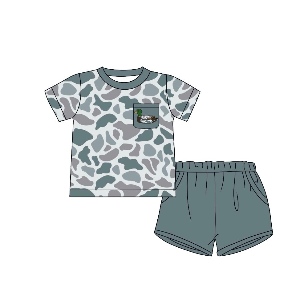 preorder BSSO1017 duck camo hunting camo mallard pocket short sleeve grey shorts boys set