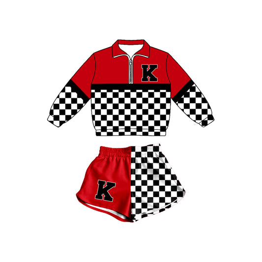 Custom Moq 3 Team Red Black Checkered Zipper Long Sleeve Shorts Adult Women Set