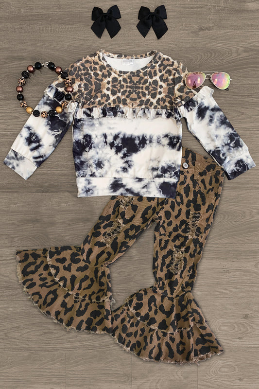 preorder Leopard Ink Pattern Long Sleeve Leopard Denim Pants Girls Set