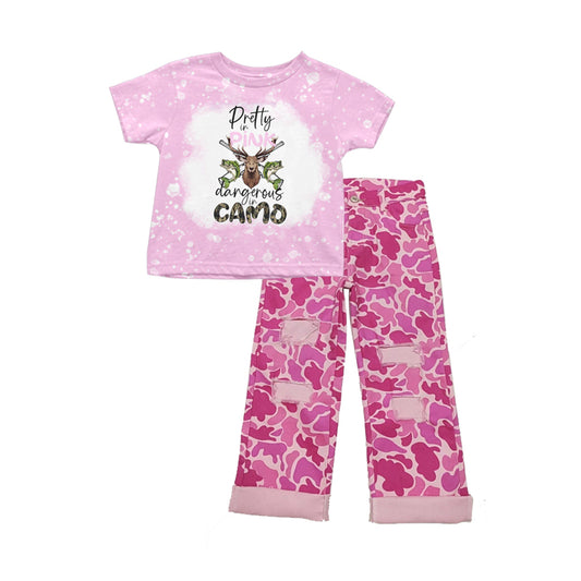 preorder Pretty in Pink Dargerous in Camo Cow Fish Hot Pink Short Sleeve Hot Pink Camo Denim Pants Girls Set