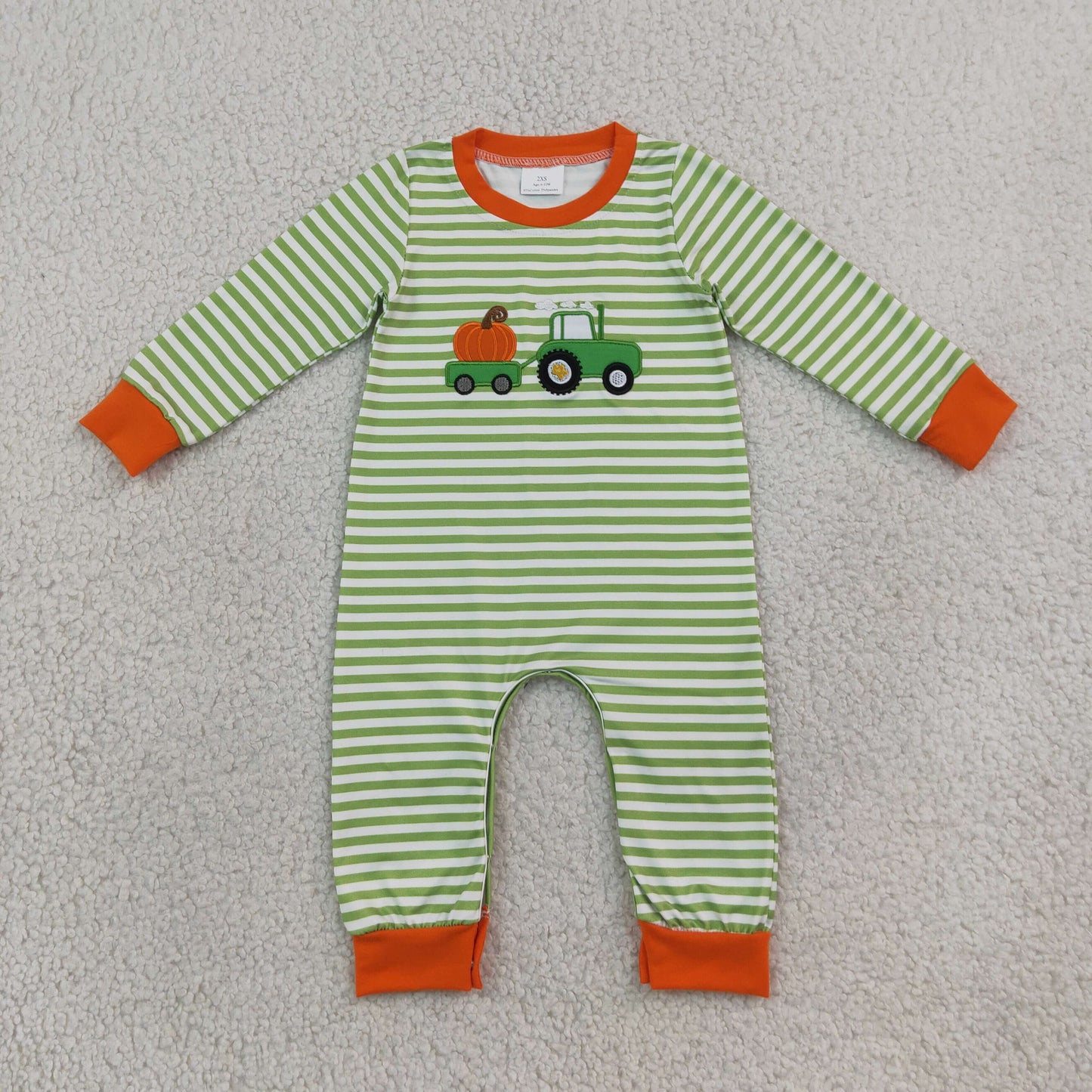 Embroidery LR3036 Pumpkin Truck Green Striped Long Sleeve Boys Romper