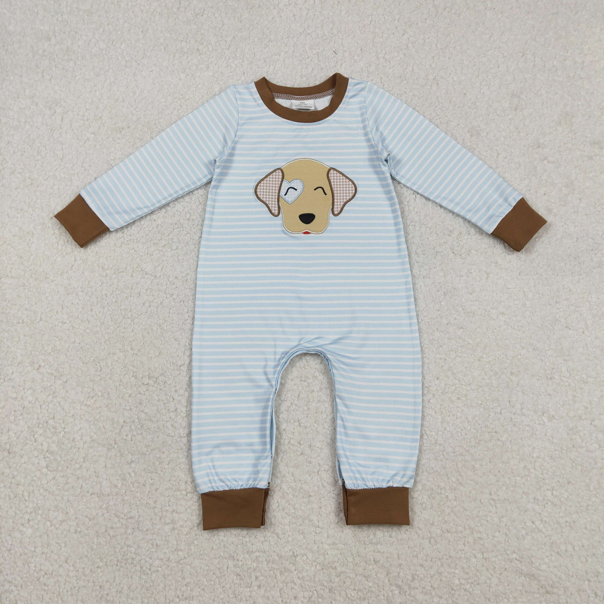 Embroidery LR2659 Valentine's Day heart dog blue striped long sleeve boys romper