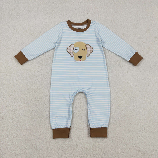 Embroidery LR2659 Valentine's Day heart dog blue striped long sleeve boys romper