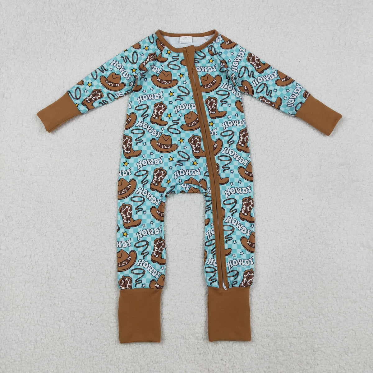 LR2517 Western boot howdy blue checkered long sleeve zipper boys romper