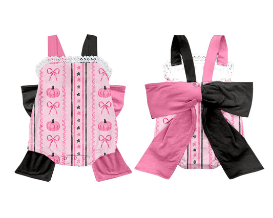 custom style on October we wear pink pumpkin with bow romper