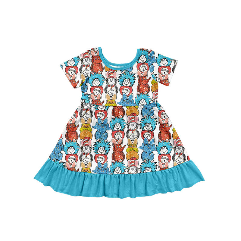 custom moq 3 Cartoon Dr Animals Blue Short Sleeve Girls Dress