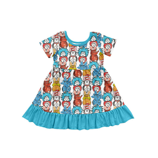 custom moq 3 Cartoon Dr Animals Blue Short Sleeve Girls Dress