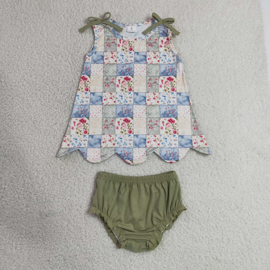 GBO0511 Scallop Floral Bows Sleeveless Girls Bummies Set