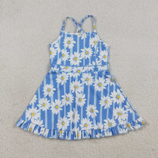 GSD2283 yoga dasiy flowers blue striped girls dress with shorts