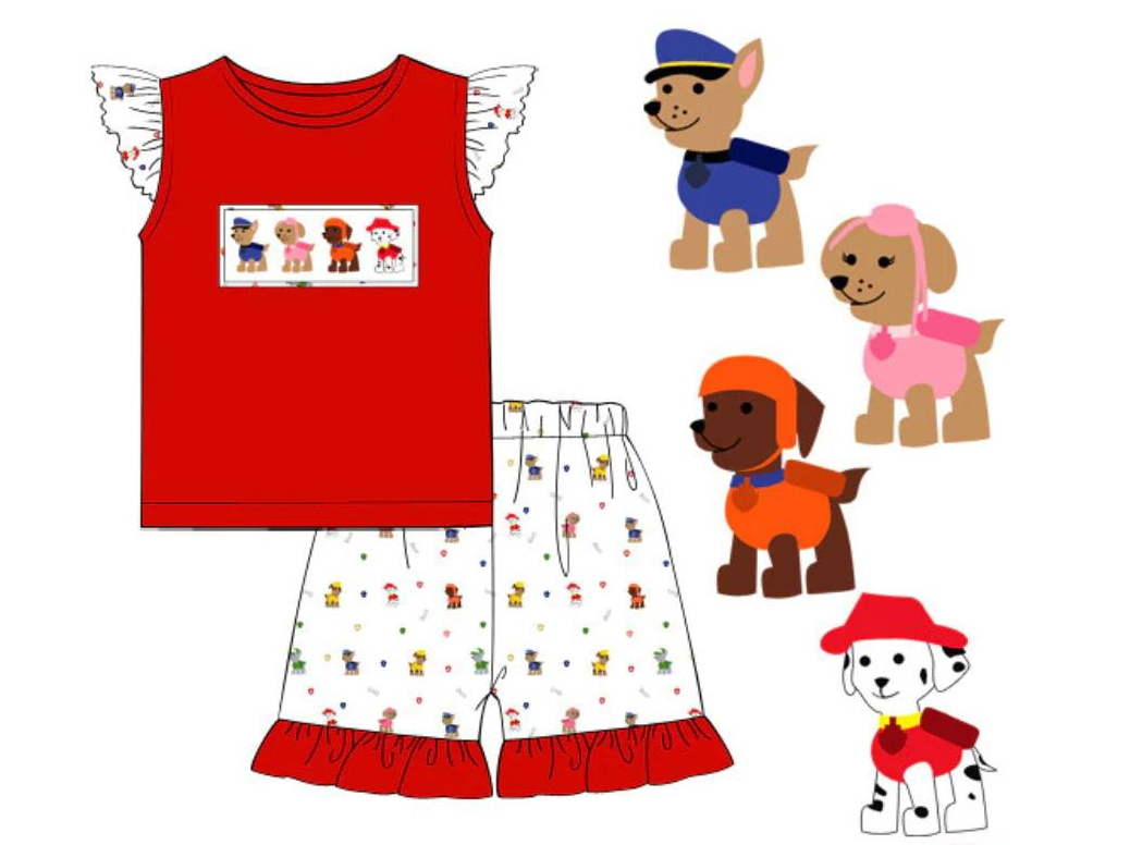 cartoon cute dog red flutter sleeve shorts girls set