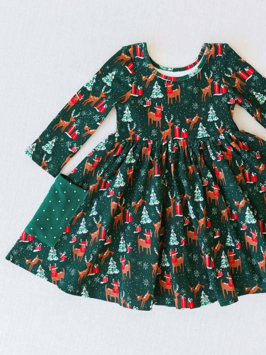 custom S 8.9 Christmas tree deer green pocket long sleeve girls dress