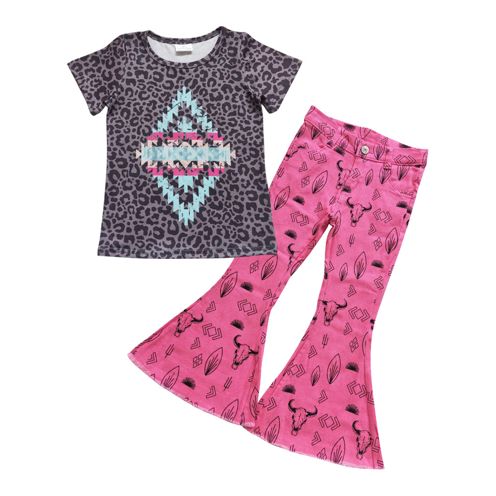 GSPO0824 Geometric Pattern Leopard Short Sleeve western cow cactus denim pants girls set