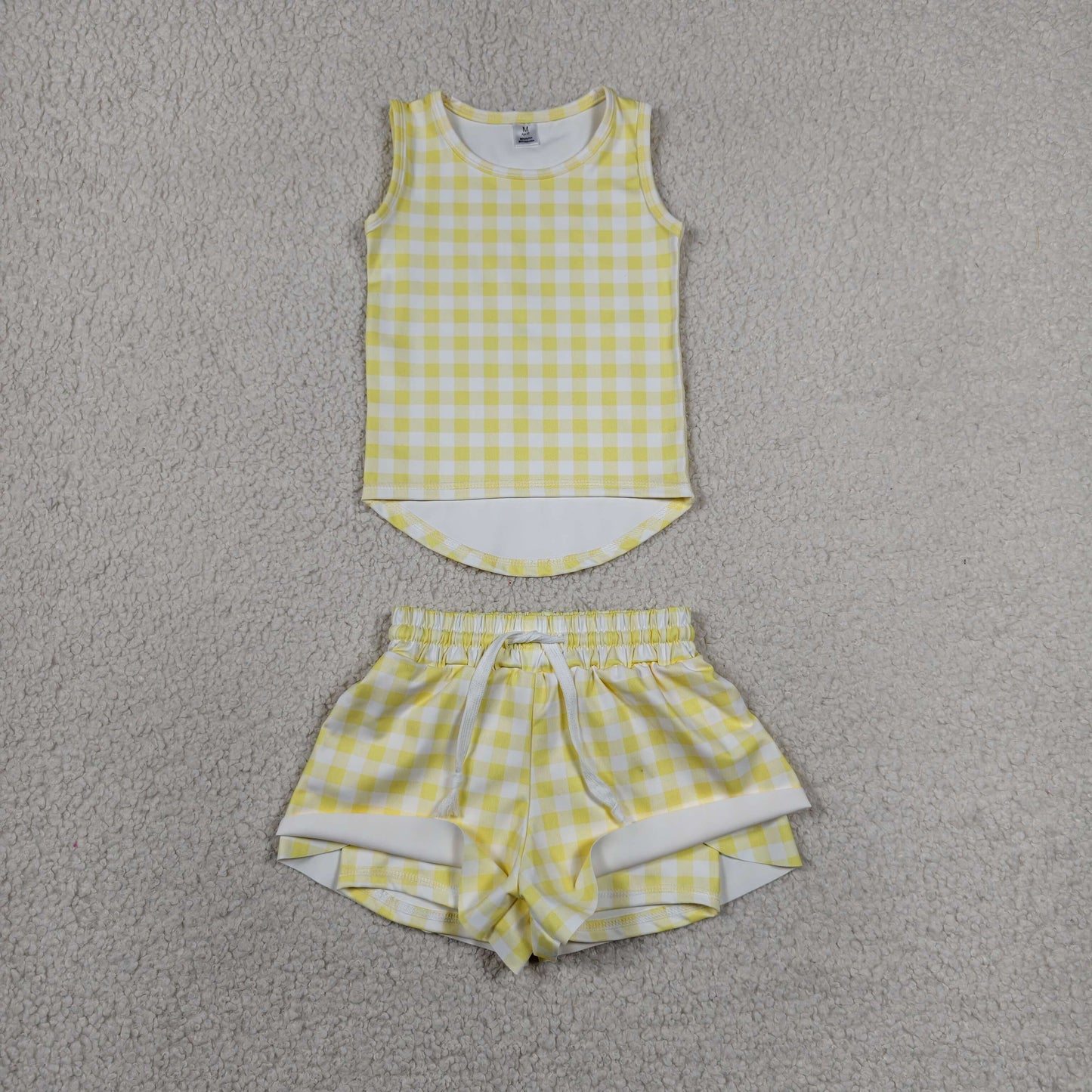 GSSO3475 Yoga Yellow Checkered Sleeveless Shorts Girls Set