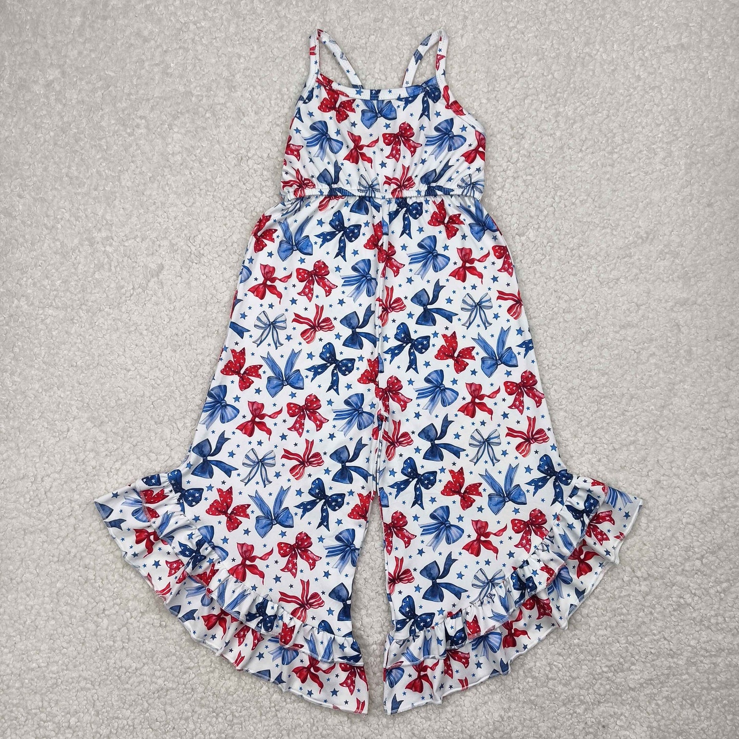 SR2865 July 4th red blue bows girls Summer jumpsuits