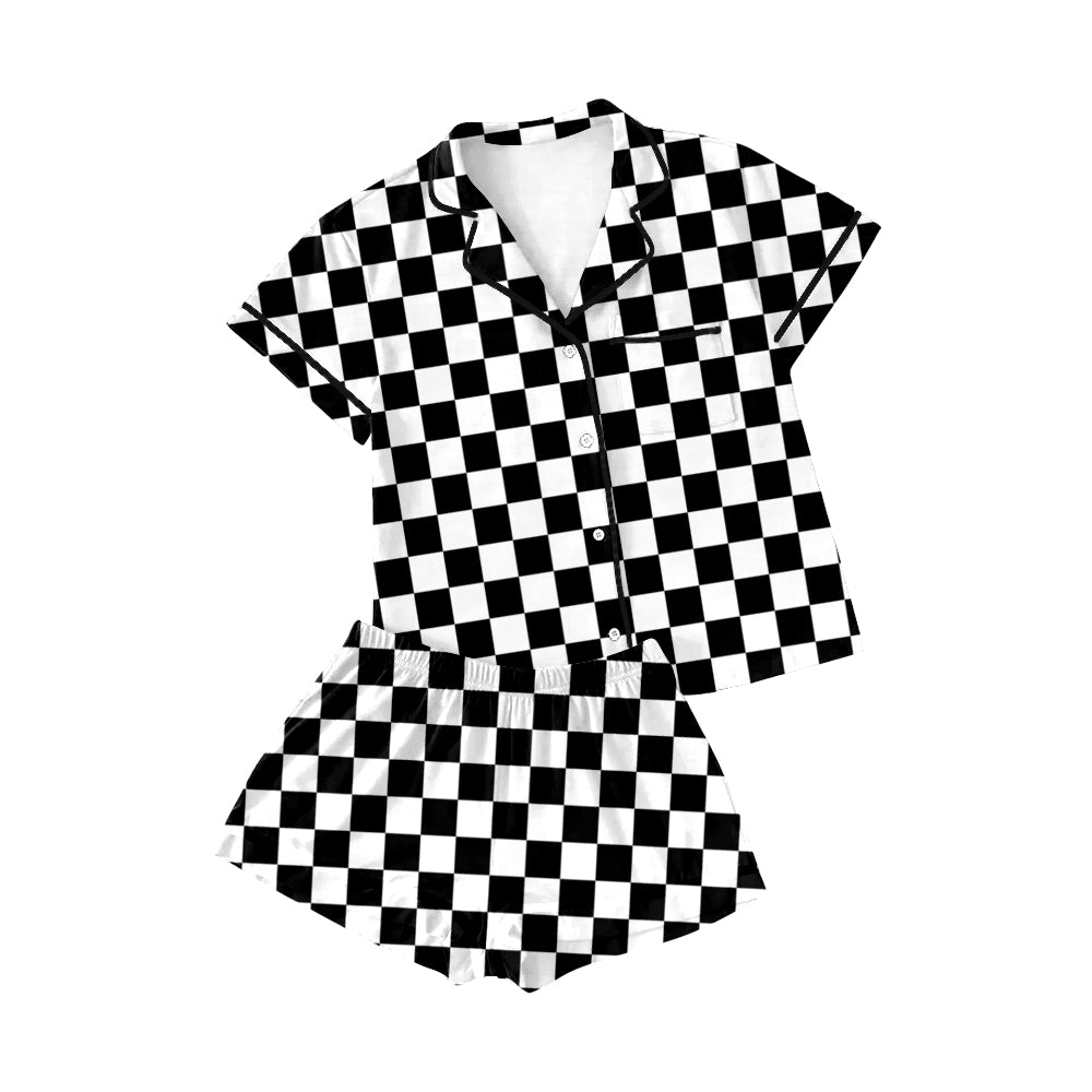 preorder GSSO1536 black white checkered short sleeve shorts adult women pajamas