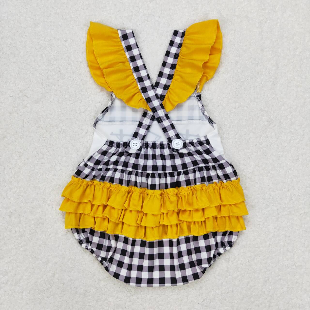 SR1222 Lineman black checkered yellow ruffles flutter sleeve girls romper