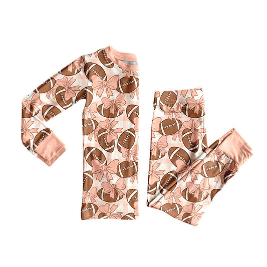 Custom moq 20 bamboo football bows pink long sleeve pants girls pajamas