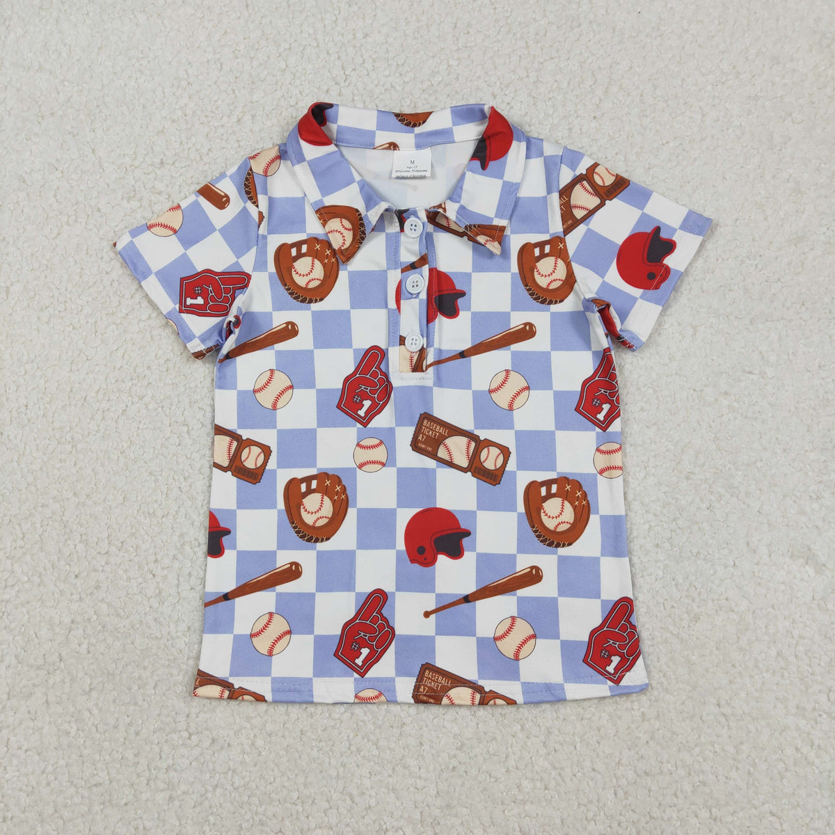 BT1577 Baseball Blue Checkered Short Sleeve Boys Top