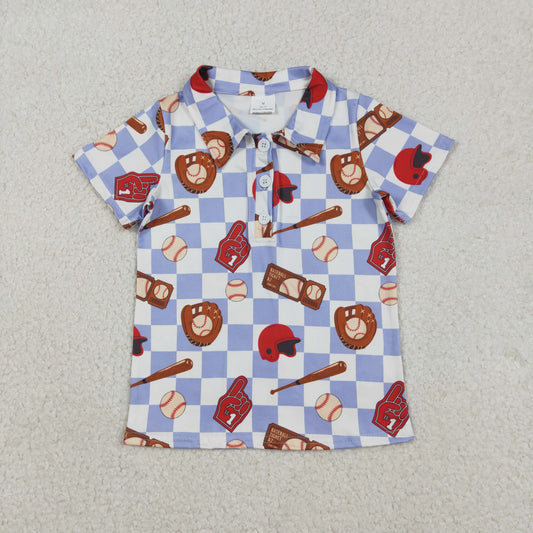 BT1577 Baseball Blue Checkered Short Sleeve Boys Top