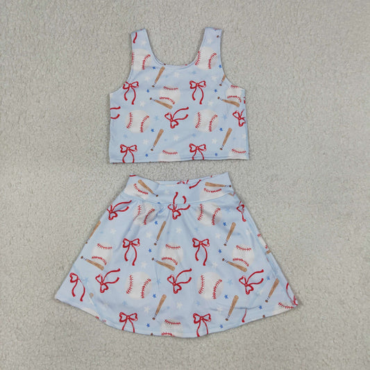 GSD3835 Yoga Baseball Bows Blue Sleeveless Skorts Girls Set