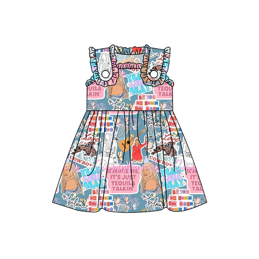 Preorder moq 3 Western Cowboy Singer Guitar Rodeo Blue Sleeveless Girls Dress