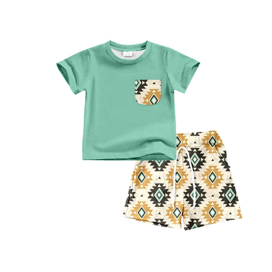 Preorder BSSO0546 Western Green Pocket Short Sleeve Aztec Shorts Boys Set