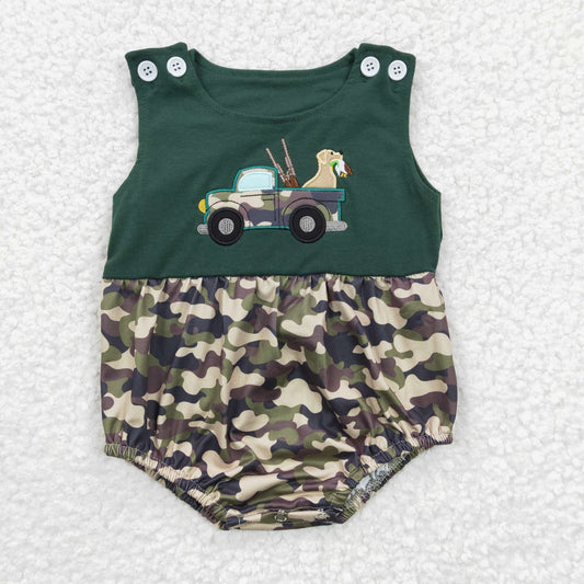 SR0183 Green Camo Print Hunting Dog & Car Kids Embroidery Romper