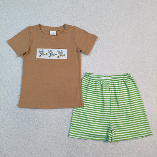 Embroidery BSSO1947 Mallard Duck Brown Short Sleeve Green Shorts Boys Set