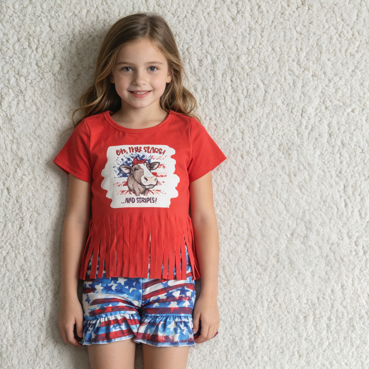 C15-2 oh my stars cow July 4th red tassels short sleeve star striped shorts girls set