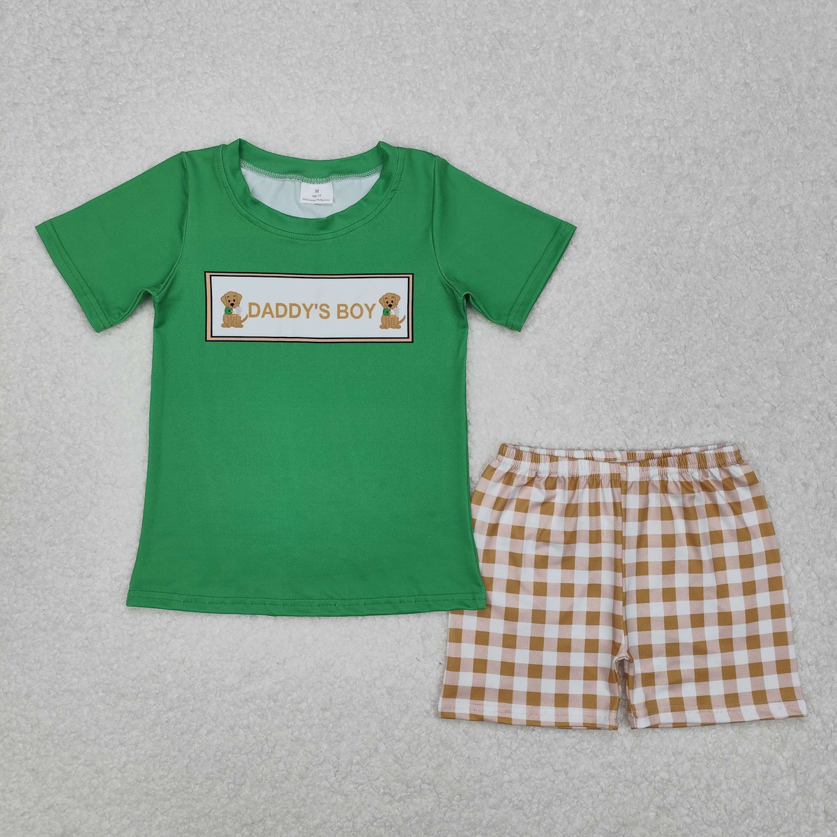 BSSO1131 hunting daddy's boy dog green short sleeve brown checkered shorts boys set