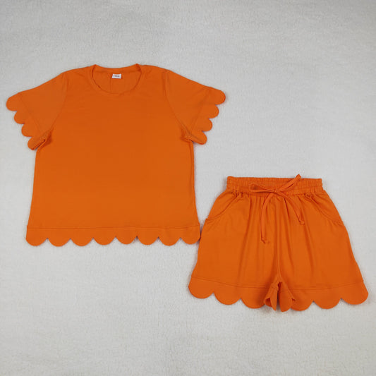 GSSO3206 Orange Scallop Short Sleeve Shorts Adult Women Pajamas
