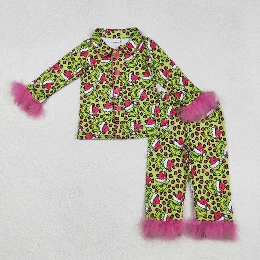 GLP2669 Christmas green face leopard long sleeve pants fur girls pajamas