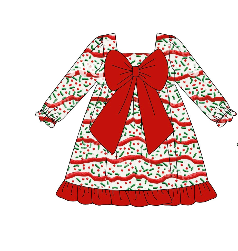 custom moq 5 Christmas sprinkles green red big bow long sleeve girls dress