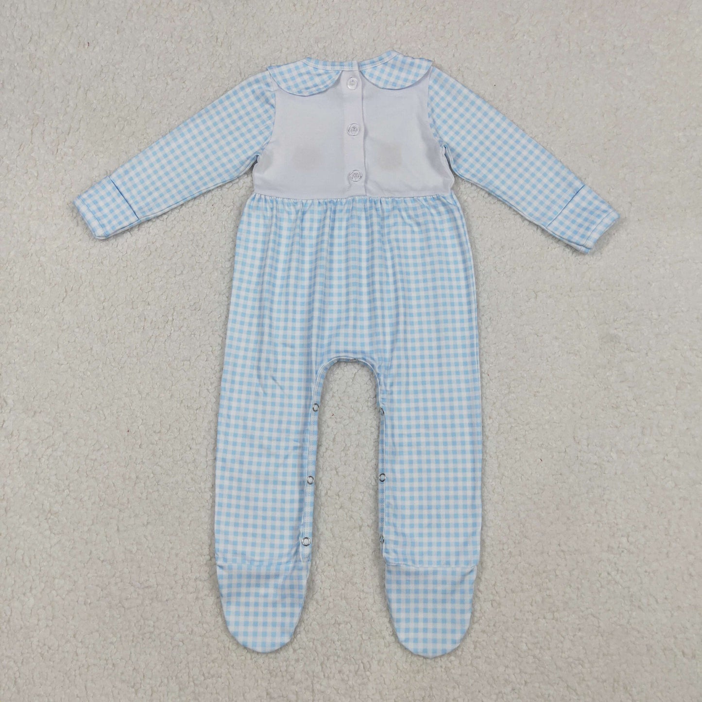 embroidery LR2561 Thanksgiving turkey pumpkin blue checkered long sleeve girls romper