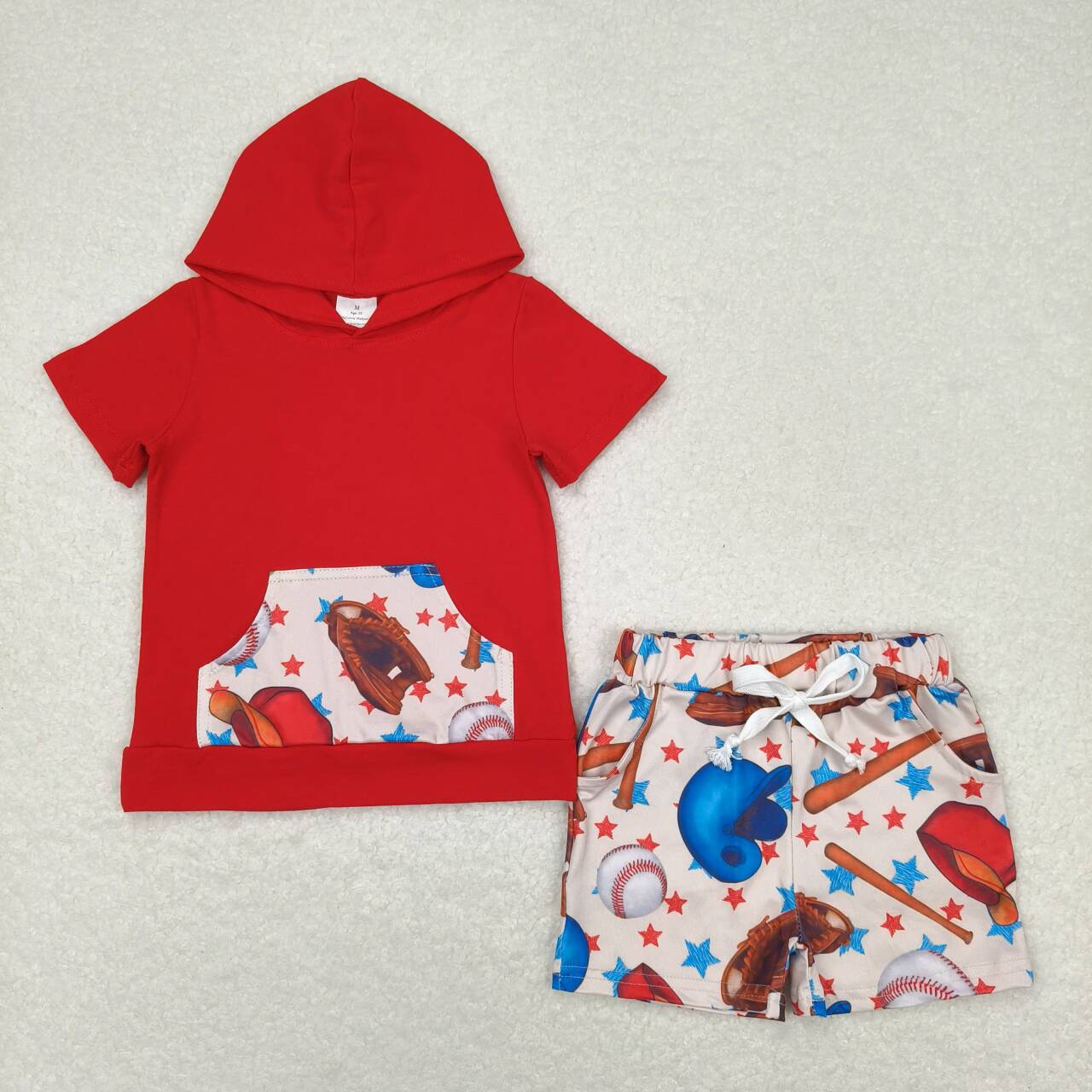 BSSO0704 Play baseball glove red pocket short sleeve hoodie shorts boys set