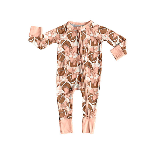 Custom moq 20 bamboo football bows pink zipper long sleeve girls romper