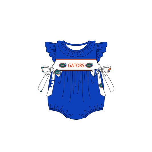 Custom Moq 3 Football Team Gators Blue Flutter Sleeve Bows Girls Romper