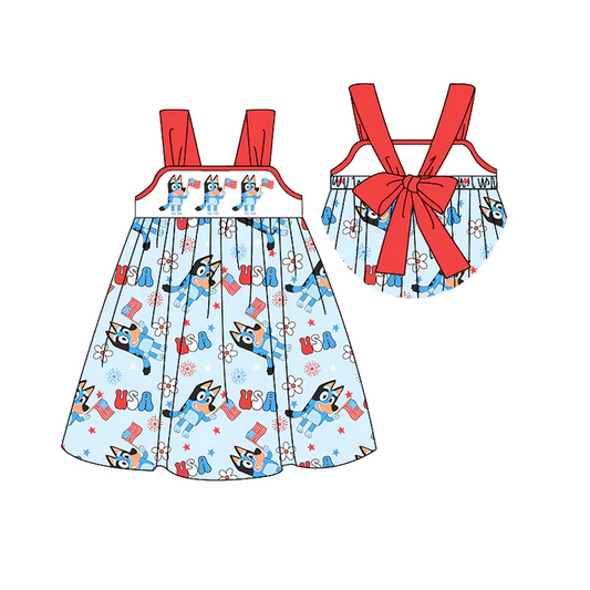 custom style July 4th blue dog flag blue red girls dress