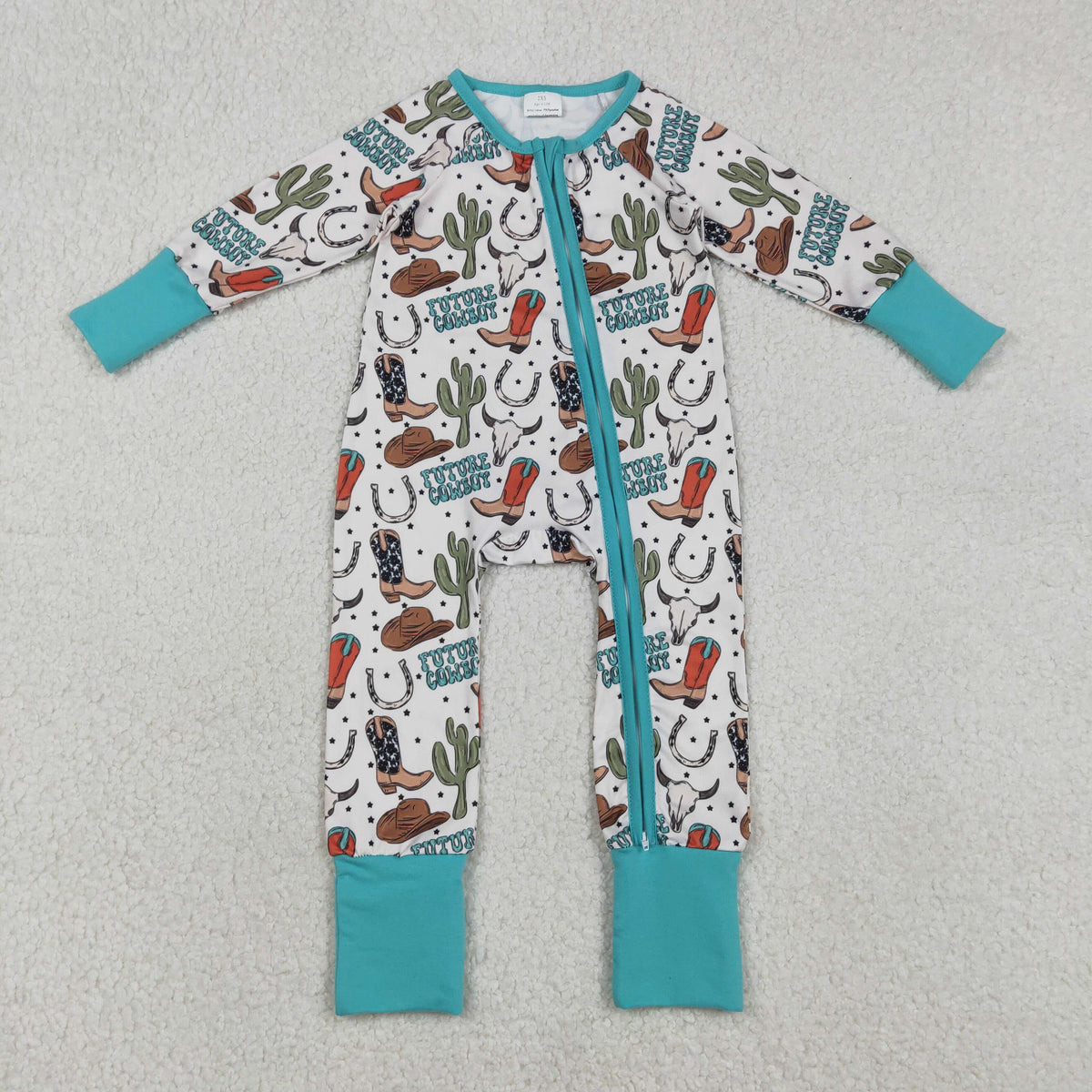 LR2944 Western Boots Hat Cactus Blue Long Sleeve Boys Romper