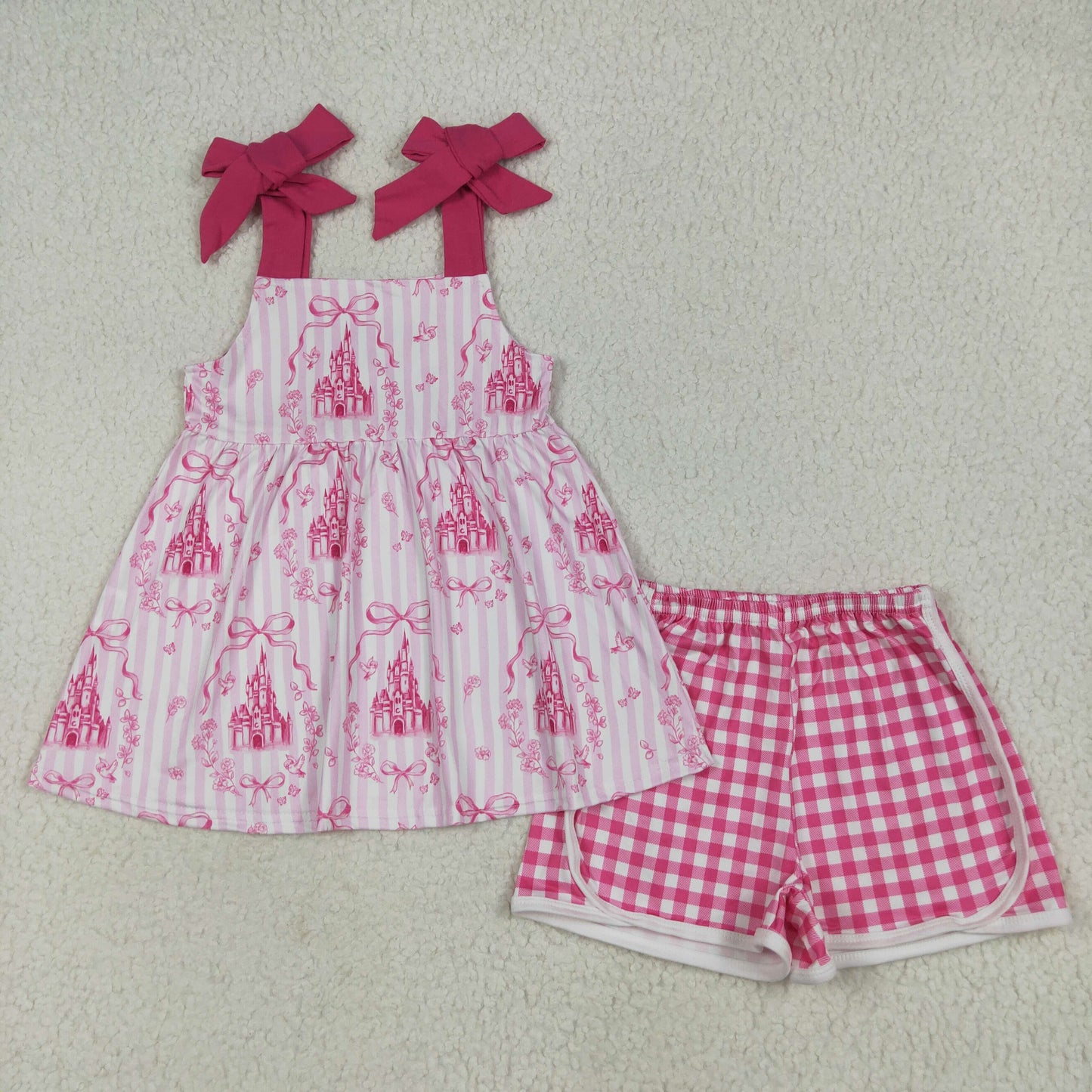 GSSO2582 hot pink bows castle camisole checkered shorts girls set