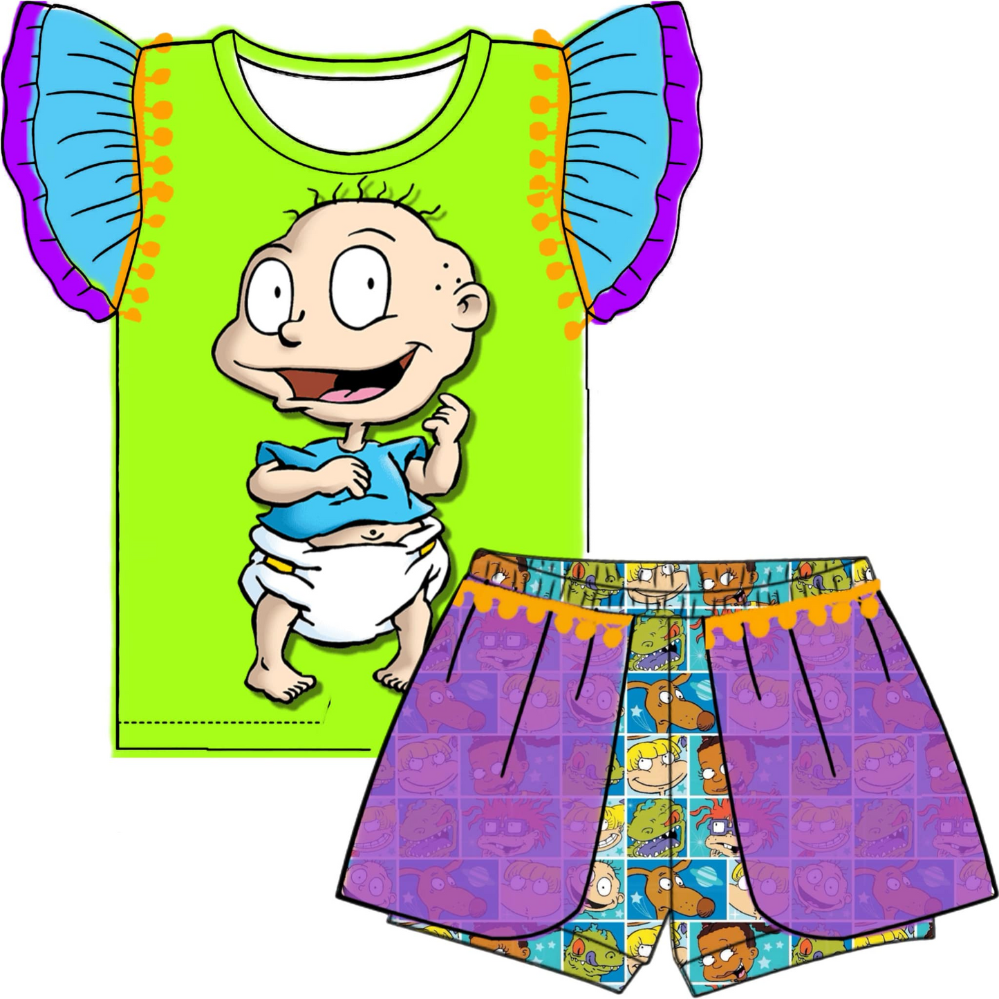 custom style cartoon baby green flutter sleeve shorts girls set tat 6-8 weeks