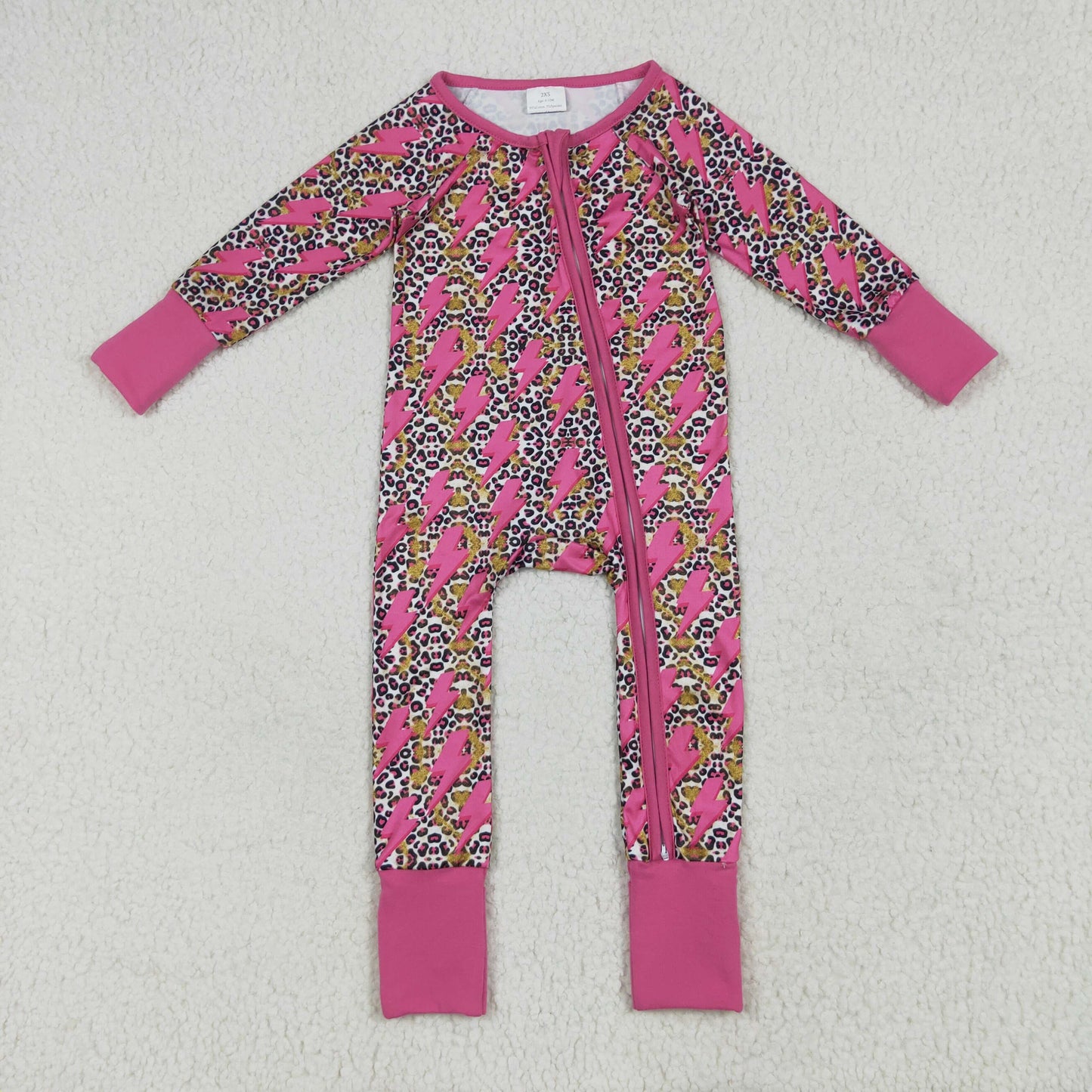 Custom moq 20 bamboo leopard hot pink flash long sleeve zipper girls romper