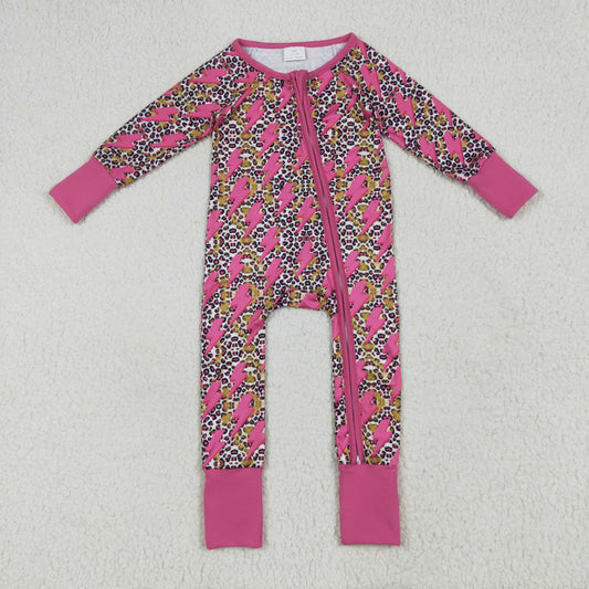 Custom moq 20 bamboo leopard hot pink flash long sleeve zipper girls romper