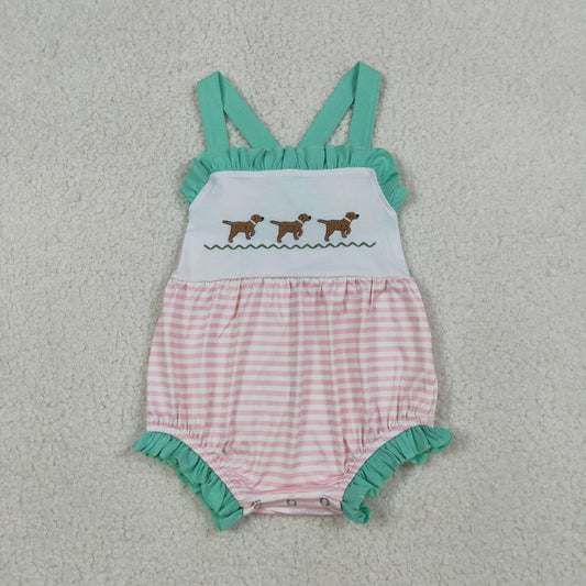 Embroidery SR3558 Cute Dog Striped Girls Romper
