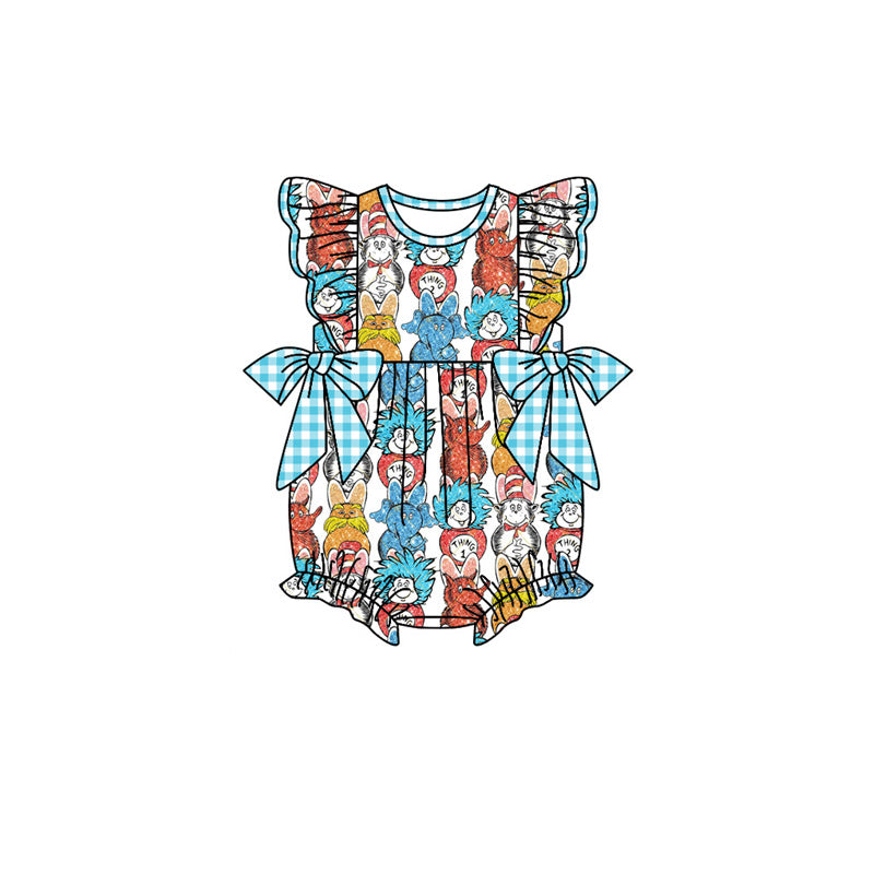 MOQ 3 Custom Cartoon Dr Animals Blue Bows Flutter Sleeve Girls Romper