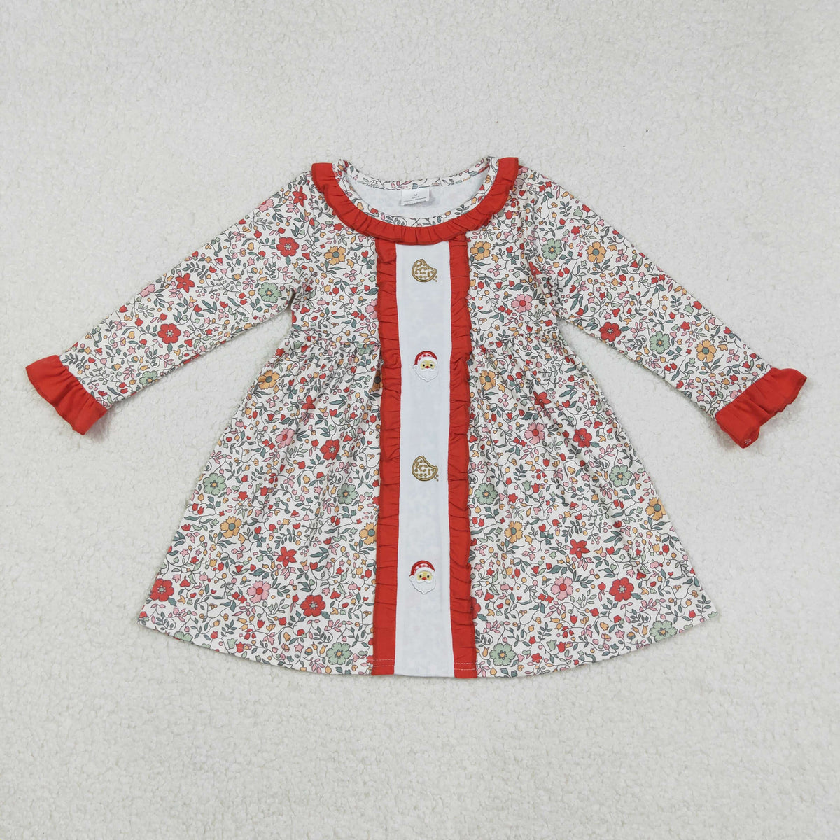 GLD1062 embroidery Christmas Santa cookie flowers orange long sleeve girls dress