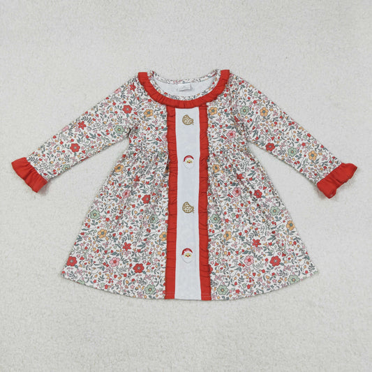 GLD1062 embroidery Christmas Santa cookie flowers orange long sleeve girls dress