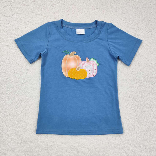 BT0675 embroidery Autumn pumpkin blue short sleeve boys top