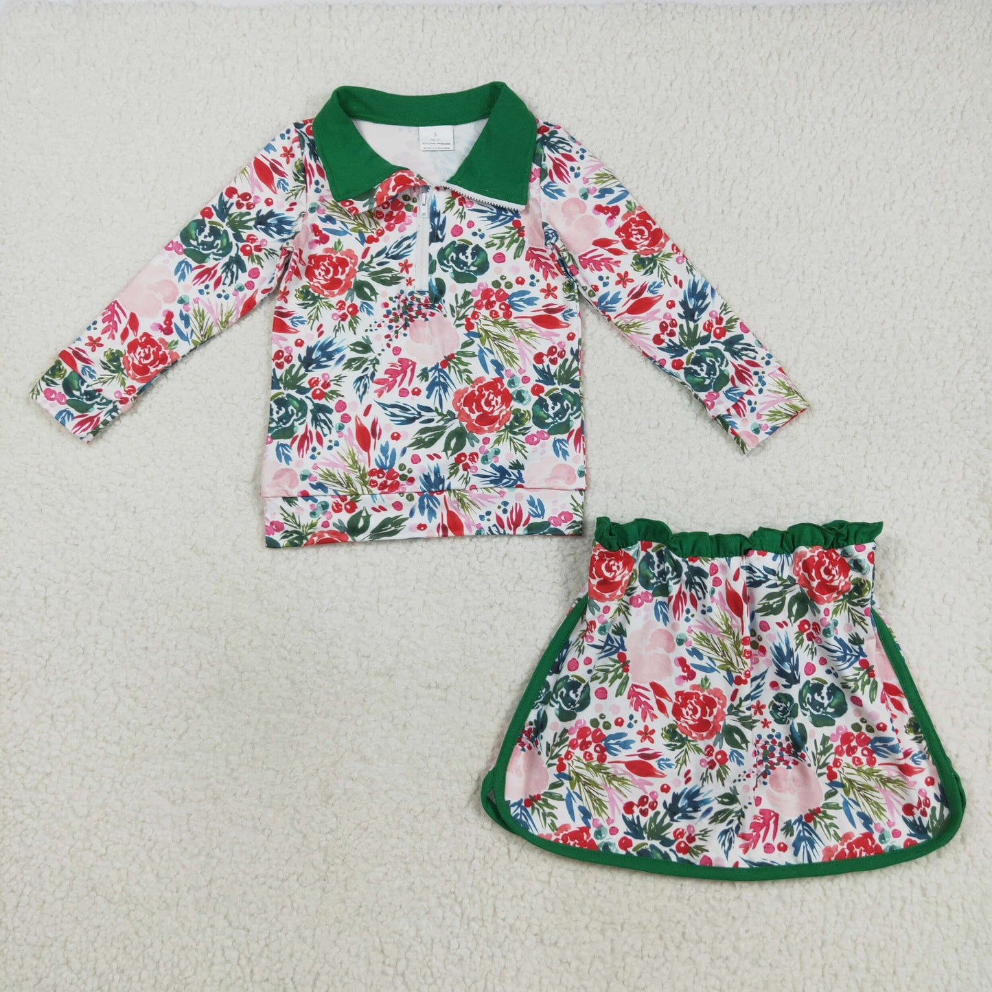 flowers style zipper long sleeve skort milk silk girls set RTS Sibling Clothes